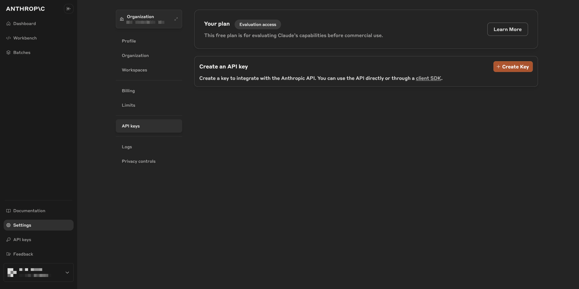Anthropic ConsoleでのAPIキー作成画面