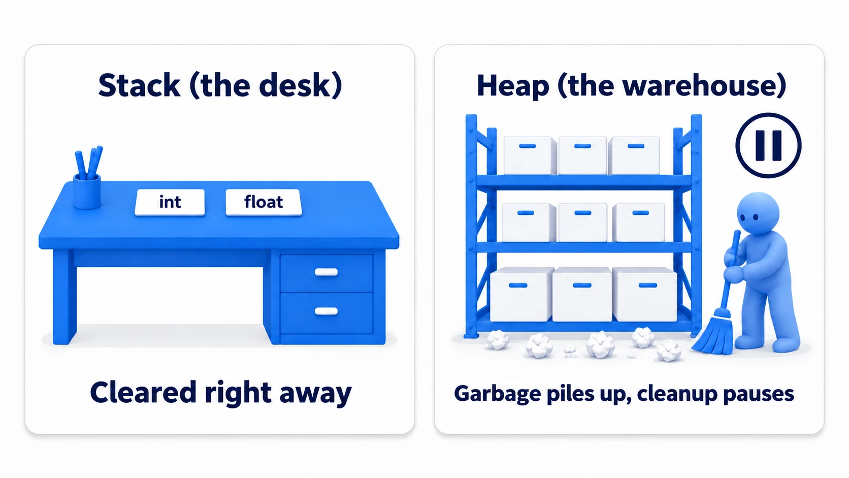 Diagram of the stack and heap. On the work desk (stack), small items like int and float sit and get tidied away the moment work finishes. In the warehouse (heap), boxes pile up and, once garbage accumulates, a cleaner has to pause the whole operation to sweep up