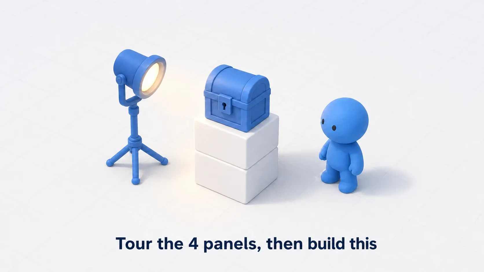 A treasure chest on a pedestal lit by a light, with a figure looking at it. Run through the four panels to build this
