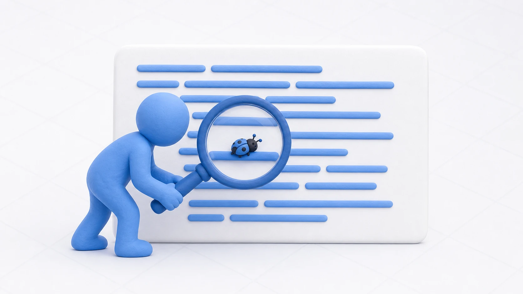 Debugging concept: hunting down a bug in code with a magnifying glass