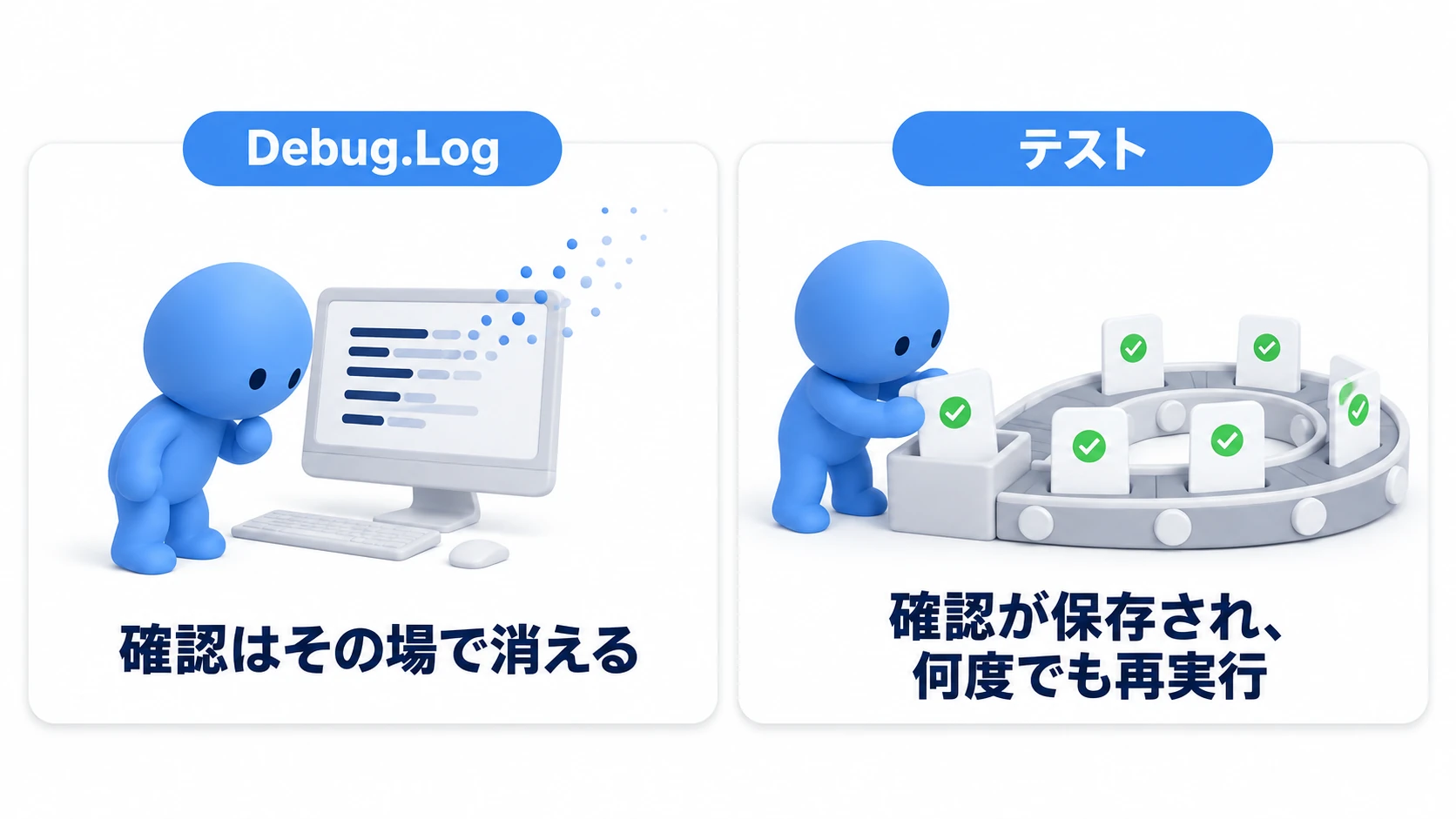 Debug.Log確認とテストの比較図。Debug.Logは1回目視で確認したら消えてしまい、後日の変更で壊れても誰も気づかない。テストは確認がコードとして保存され、変更のたびに自動で再実行されて壊れた瞬間に知らせる