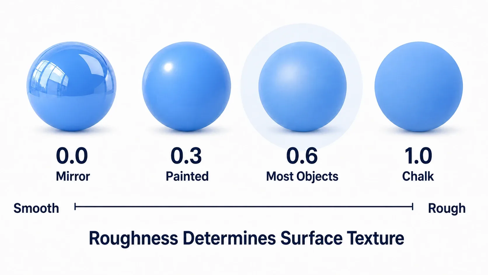 Diagram showing identically shaped spheres looking mirror-like or matte depending on their Roughness value