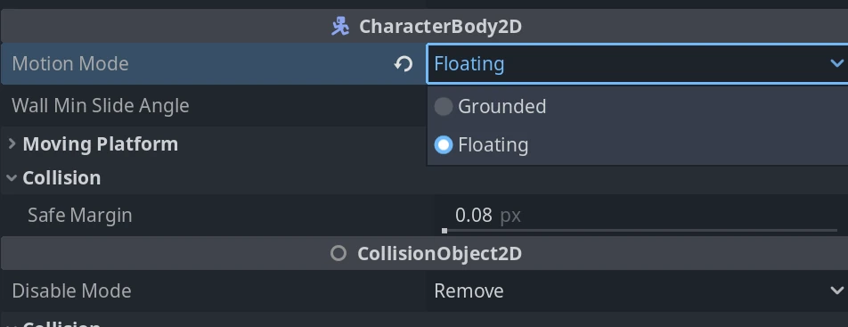 CharacterBody2DのMotion Mode設定画面