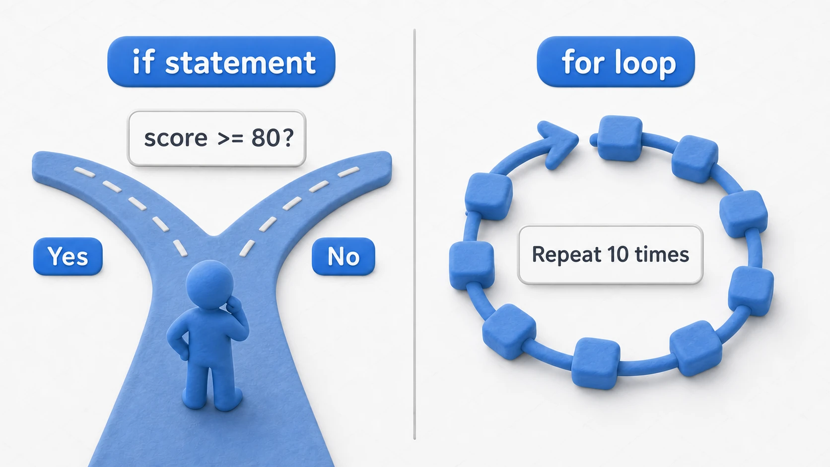 Comparison diagram of if statements and for loops: an if statement is a fork in the road where the path branches based on a condition, while a for loop repeats the same operation a specified number of times