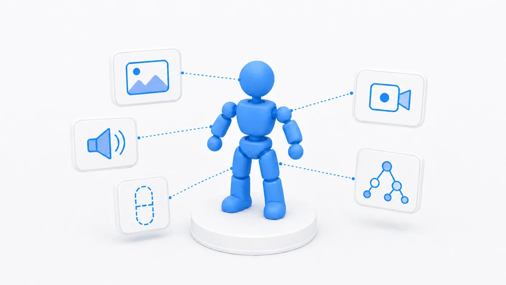 Illustration of assembling node parts into a character scene, with building blocks for image, sound, collision, and camera being absorbed into a figure