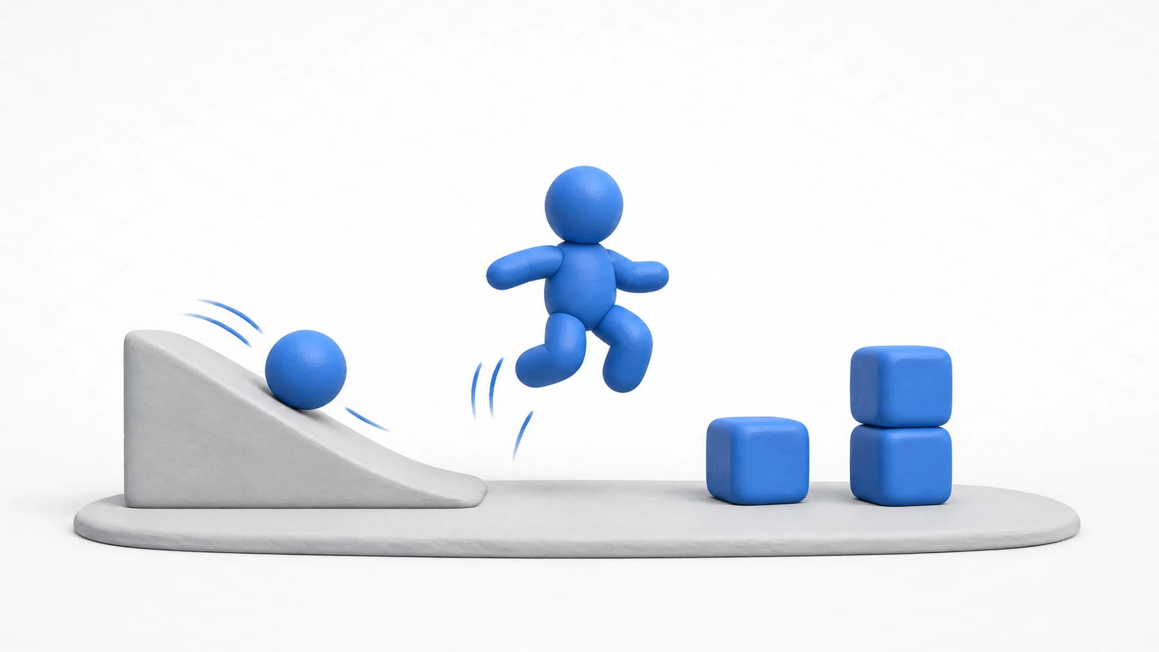 Conceptual image of 2D physics: in a clay-style 2D game scene, a character jumps, crates are stacked, and a ball rolls down a slope