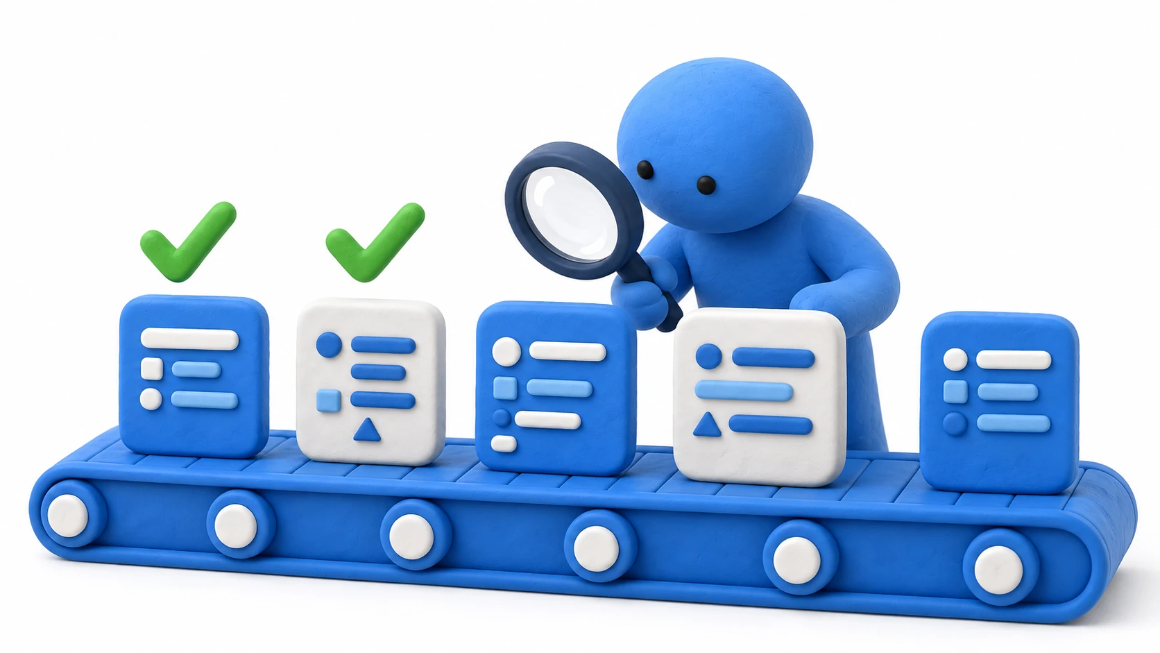Illustration of testing: a robot inspector examines code blocks one by one, stamping each with a passing checkmark