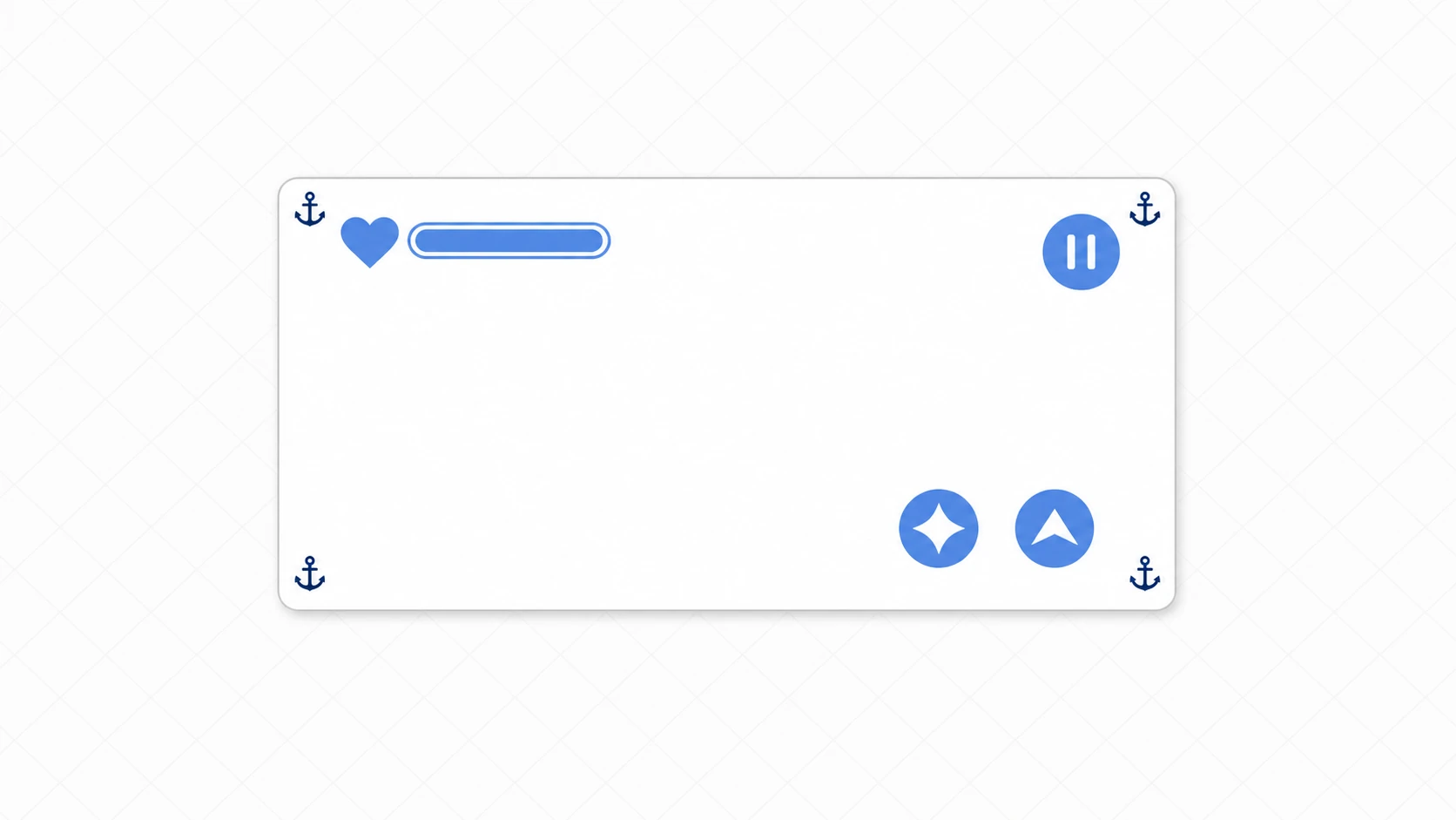 Illustration of UI layout. A game screen with UI elements like a health bar, pause button, and action buttons, with anchor icons in the four corners