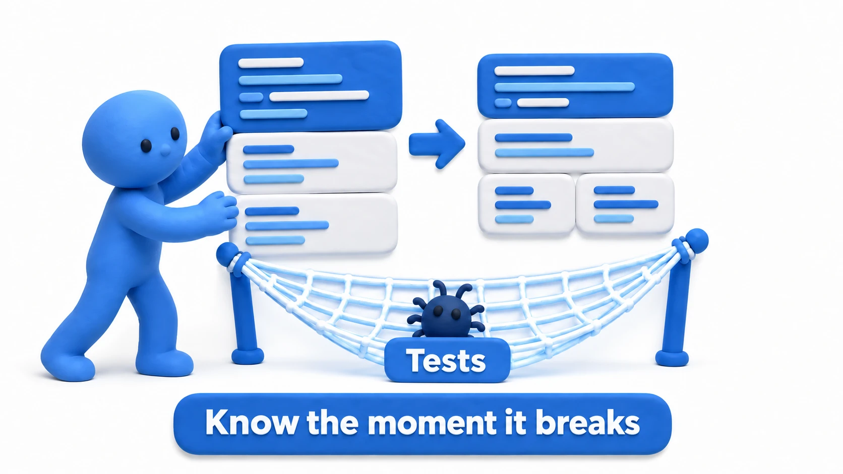 Illustration of tests as a watchdog. The moment code is changed, a testing shield detects the bug and reports "this broke here"