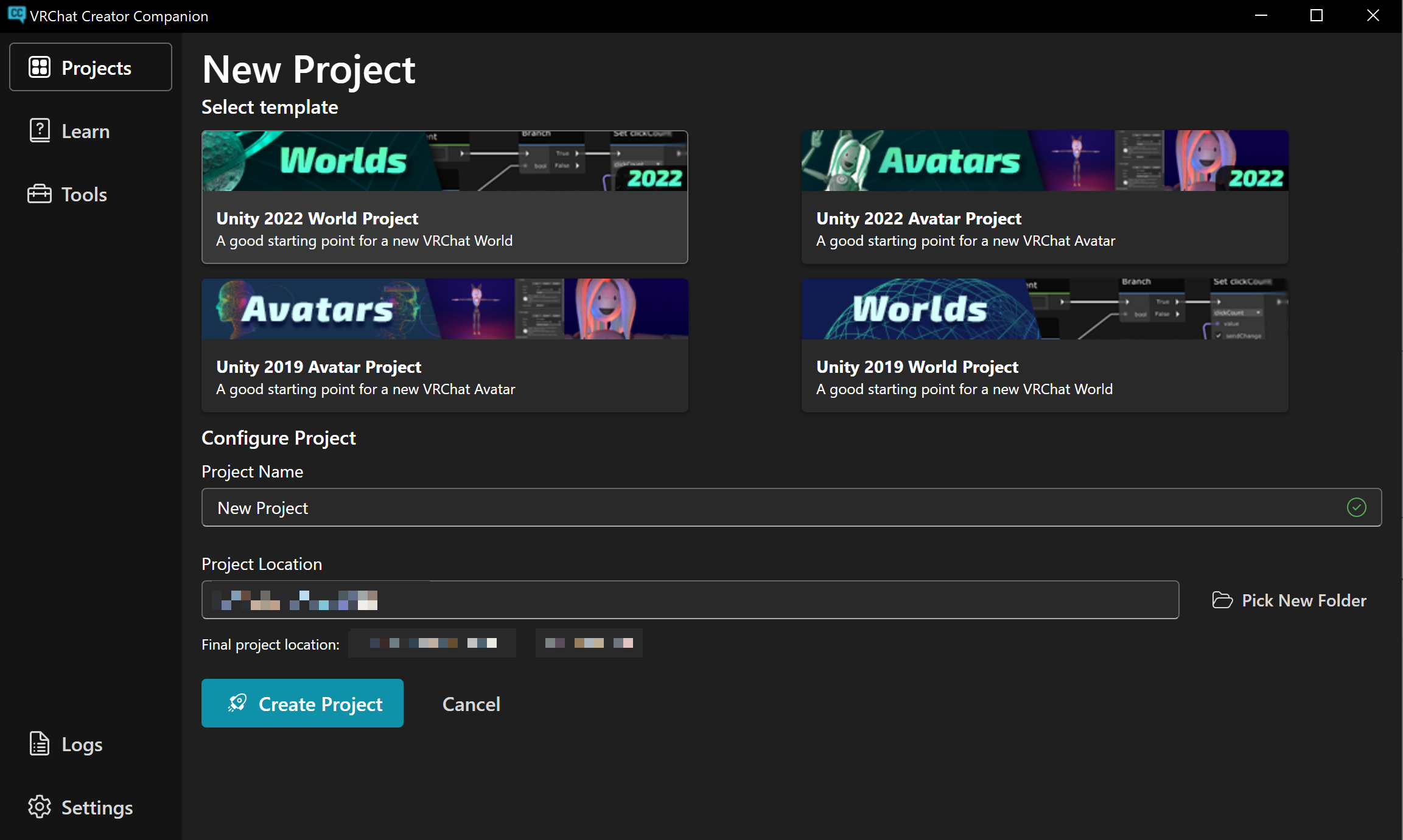 VCC template selection screen