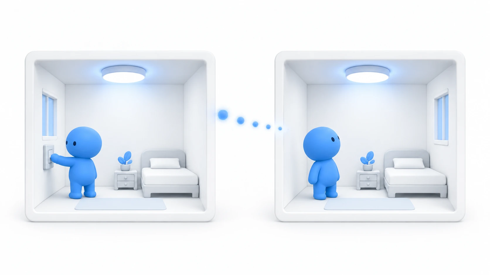 The same light lit in two rooms, with motes of light flowing between them