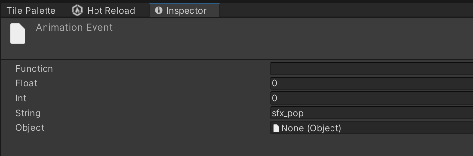 AnimationEventの詳細：Stringパラメータにイベント文字列が設定されている
