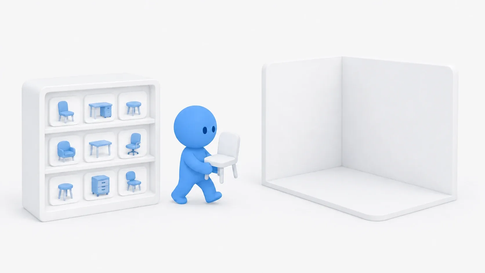 A soft blue clay figure taking assets from a Fab store and setting a desk and props into a bare room