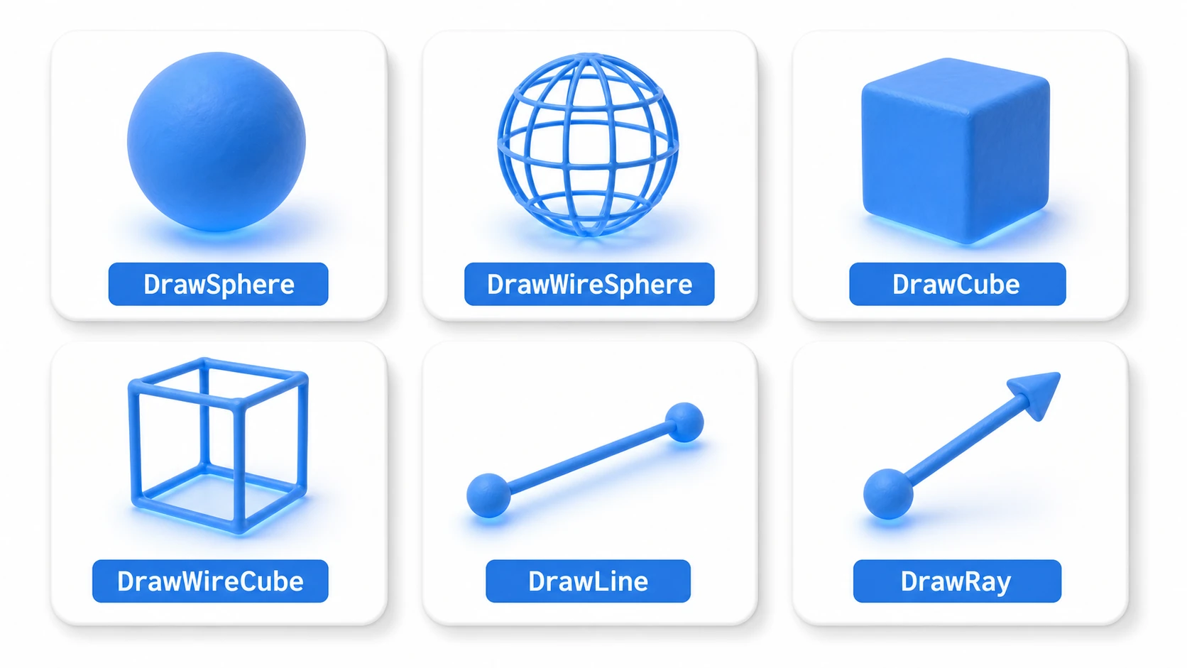 Gallery of Gizmos drawing methods, showing the shapes you can draw with DrawSphere, DrawWireSphere, DrawCube, DrawWireCube, DrawLine, and DrawRay