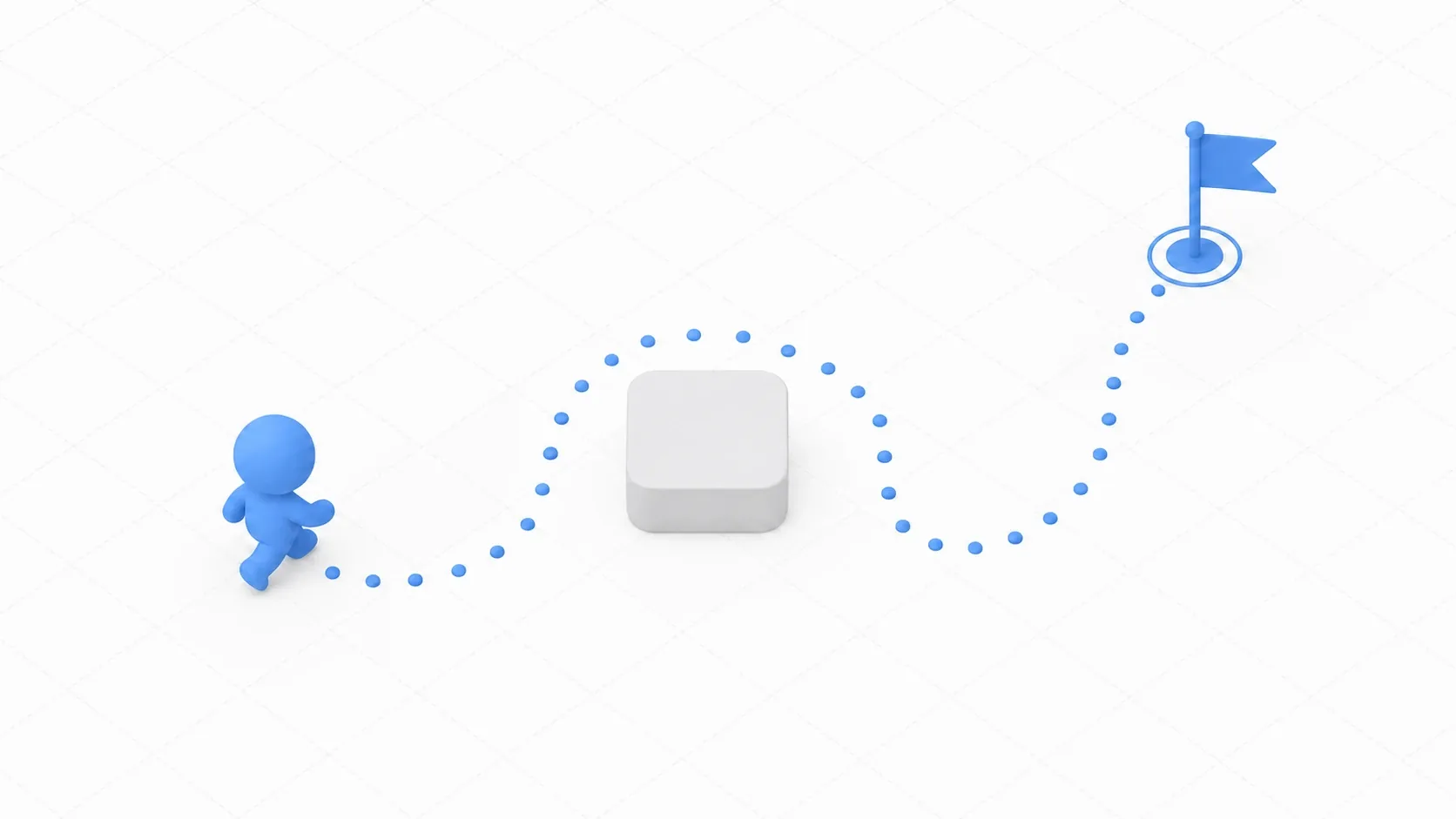 Pathfinding illustration on a 2D map where an agent follows a dotted path of waypoints around an obstacle toward a goal flag