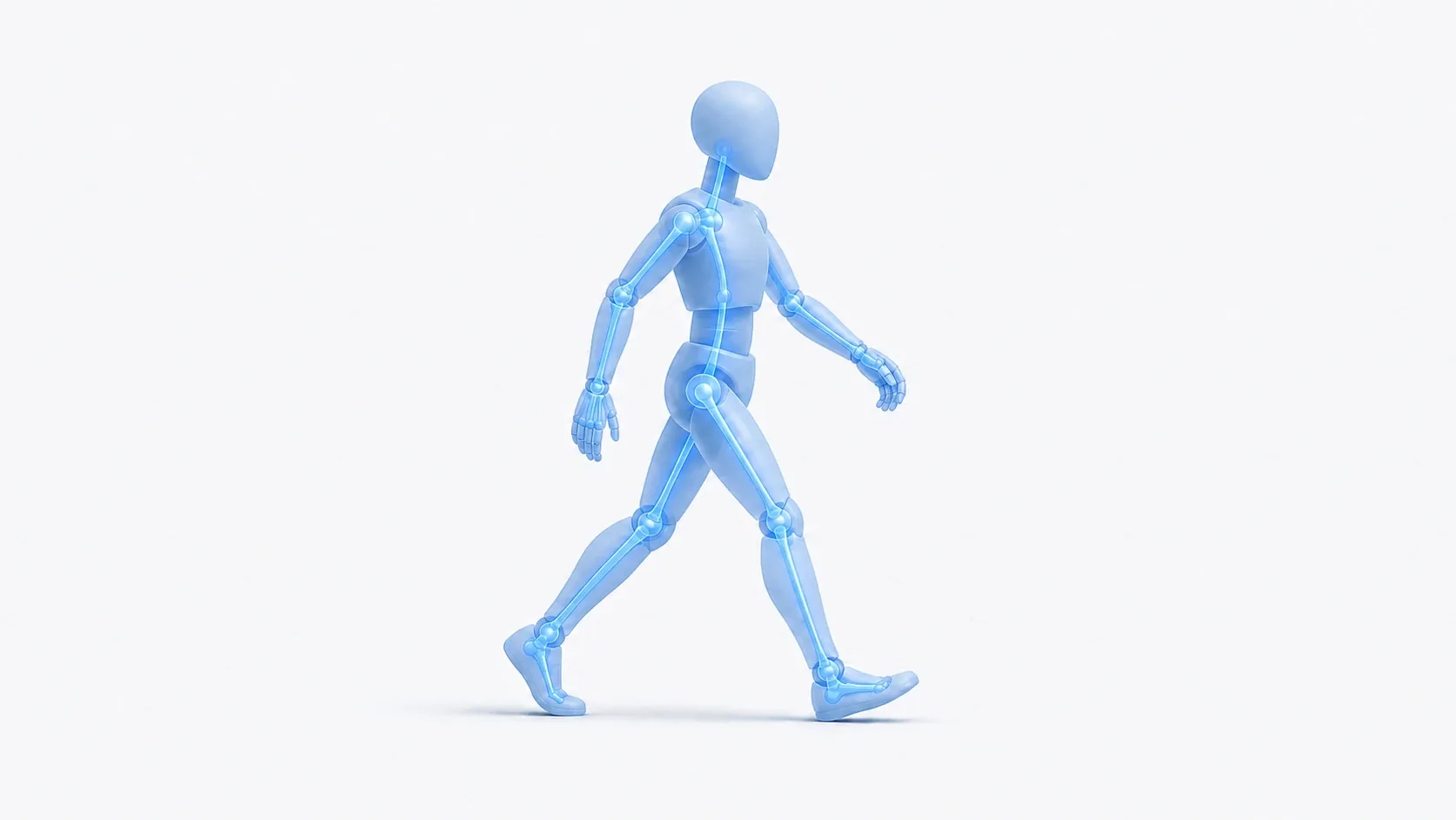 A conceptual image of 3D skeletal animation showing glowing bones visible inside a semi-transparent 3D humanoid character