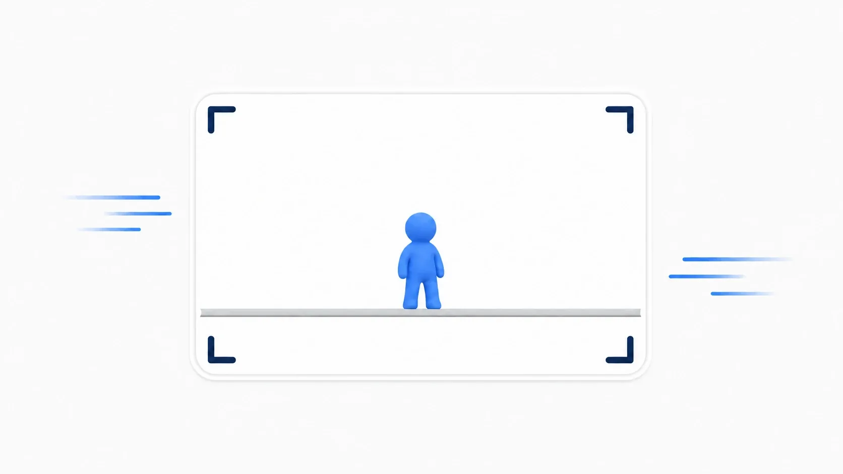 A 2D game camera: a character on a platform framed inside a viewport border, with motion lines showing the camera moving