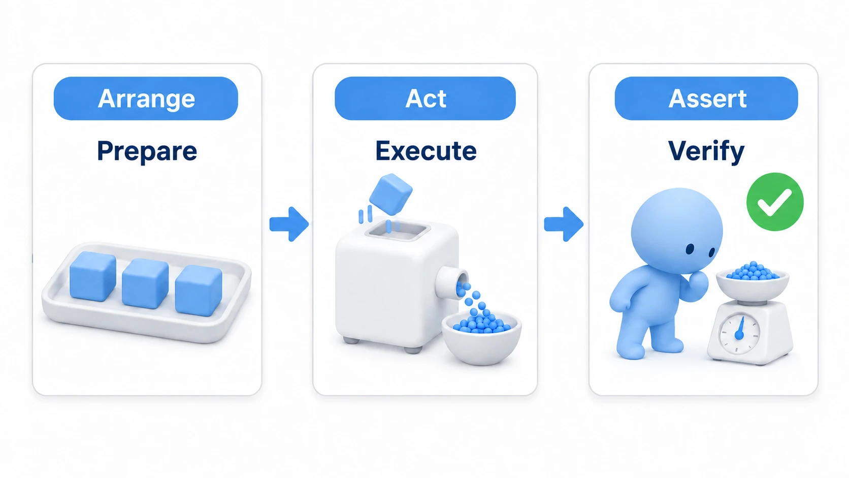 Diagram of the AAA pattern: Arrange prepares the ingredients (test data), Act executes the method, and Assert verifies the result matches expectations — three steps