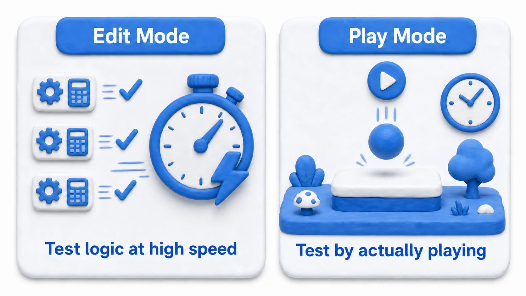 Comparison of Edit Mode and Play Mode tests. Edit Mode rapidly checks pure logic inside the editor; Play Mode actually runs the game to check physics and the passage of time