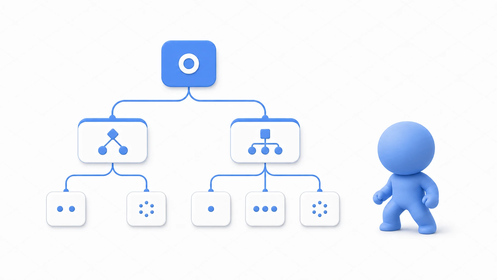 A flat blue tree structure. From the Root it branches through Sequence and Selector nodes down to leaf conditions and actions, assembling enemy AI behavior as a tree