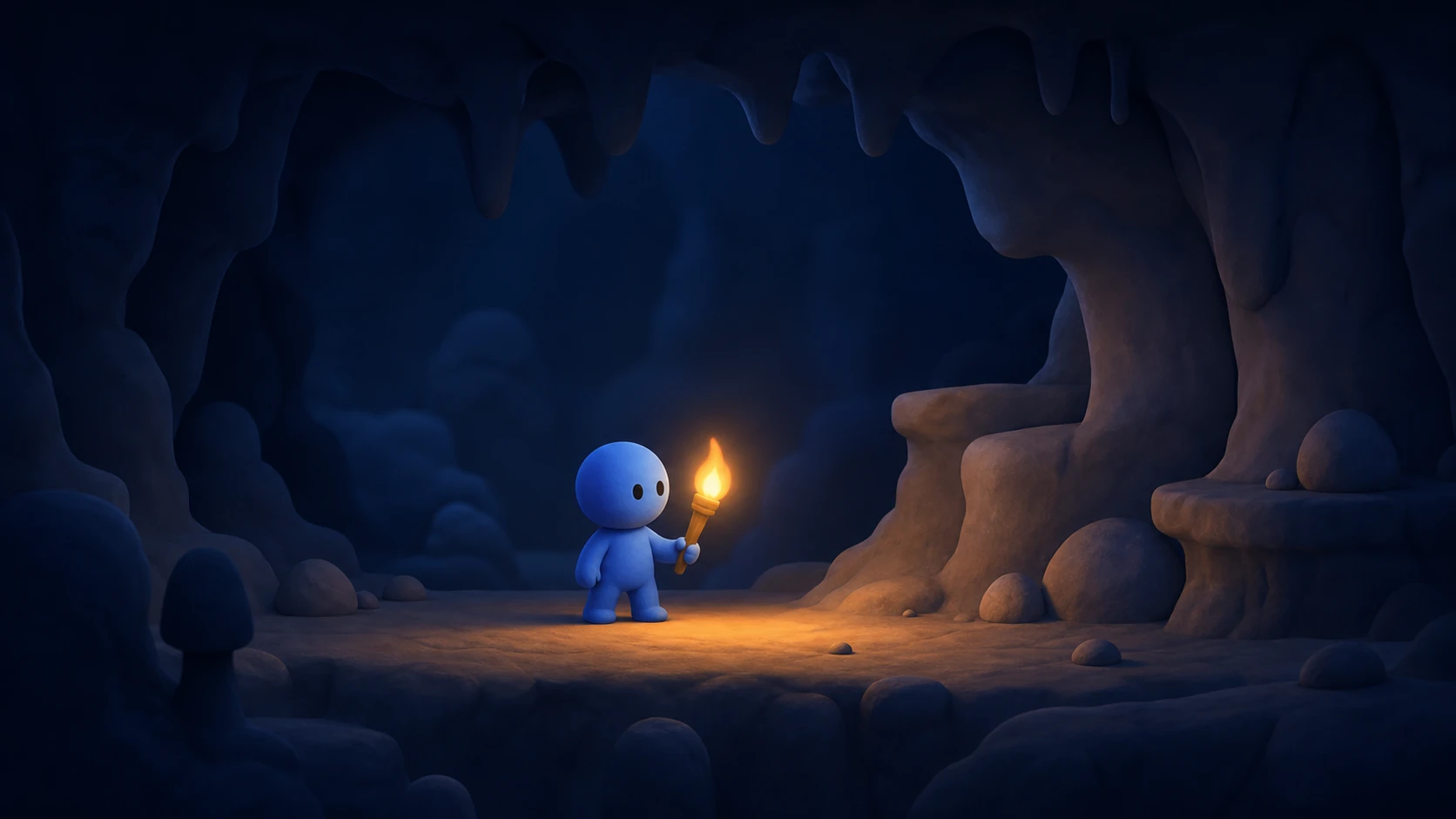 A dark 2D dungeon where a player holds a torch, its light radiating in a circle and softly illuminating the surrounding walls and floor