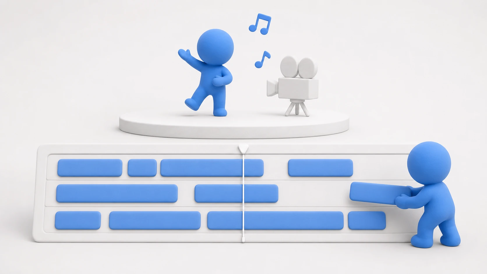 Conceptual image of Timeline: arrange clips on the lanes of an editing desk, and the preview stage above plays the character, camera, and sound in sync