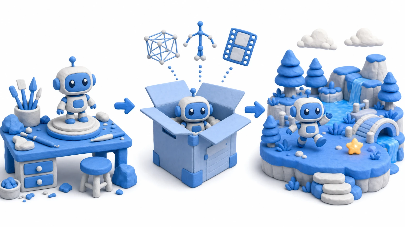 Illustration of 3D model import. A robot model packed into an FBX box travels from a Blender workbench to the Unity game world