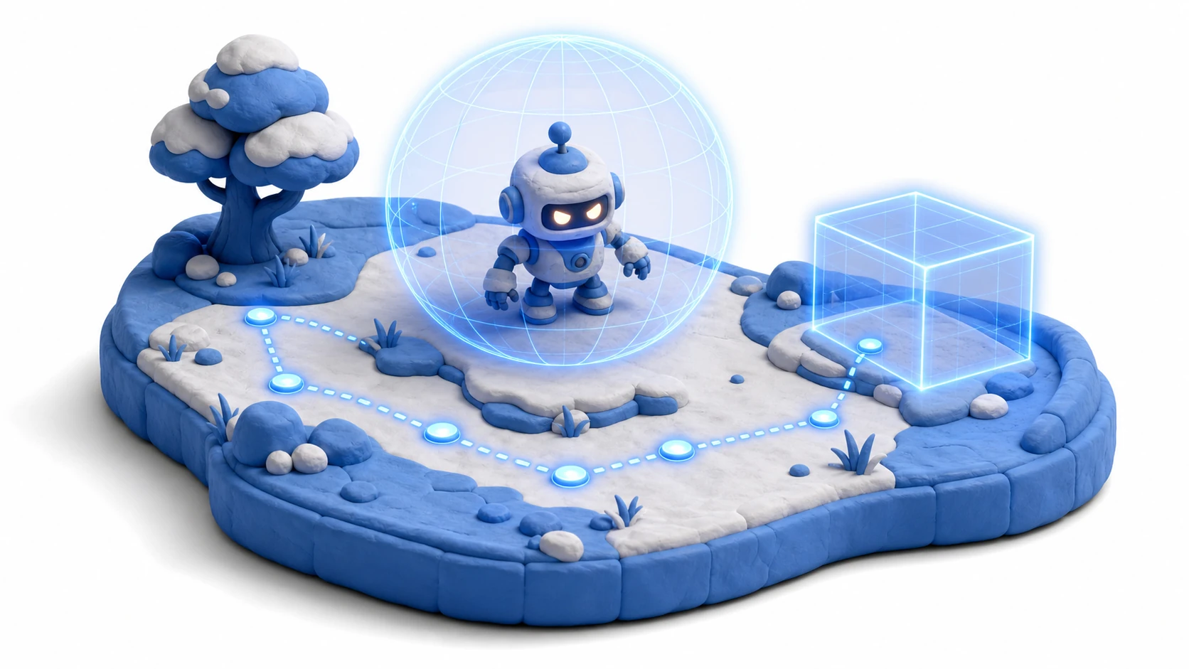 Conceptual image of Gizmos. A clay-style game scene with glowing wireframe spheres and line guides overlaid