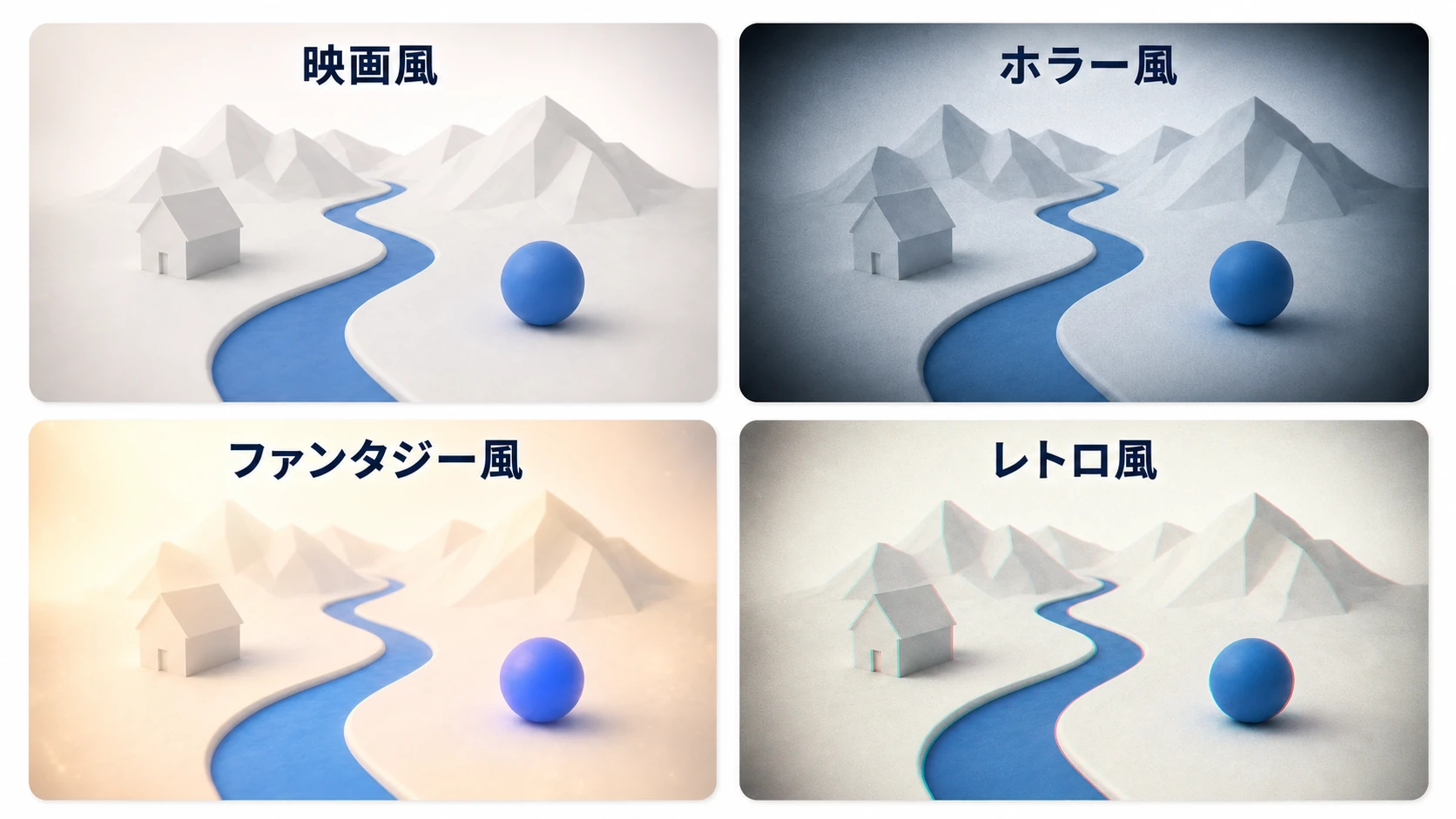 4つのプリセットの見た目比較。同じ風景シーンが、映画風(コントラストが締まった自然な色)・ホラー風(彩度を落とした寒色+強いVignette)・ファンタジー風(暖色+強いBloomで幻想的)・レトロ風(高コントラスト+色収差+Grain)の4通りに変化している