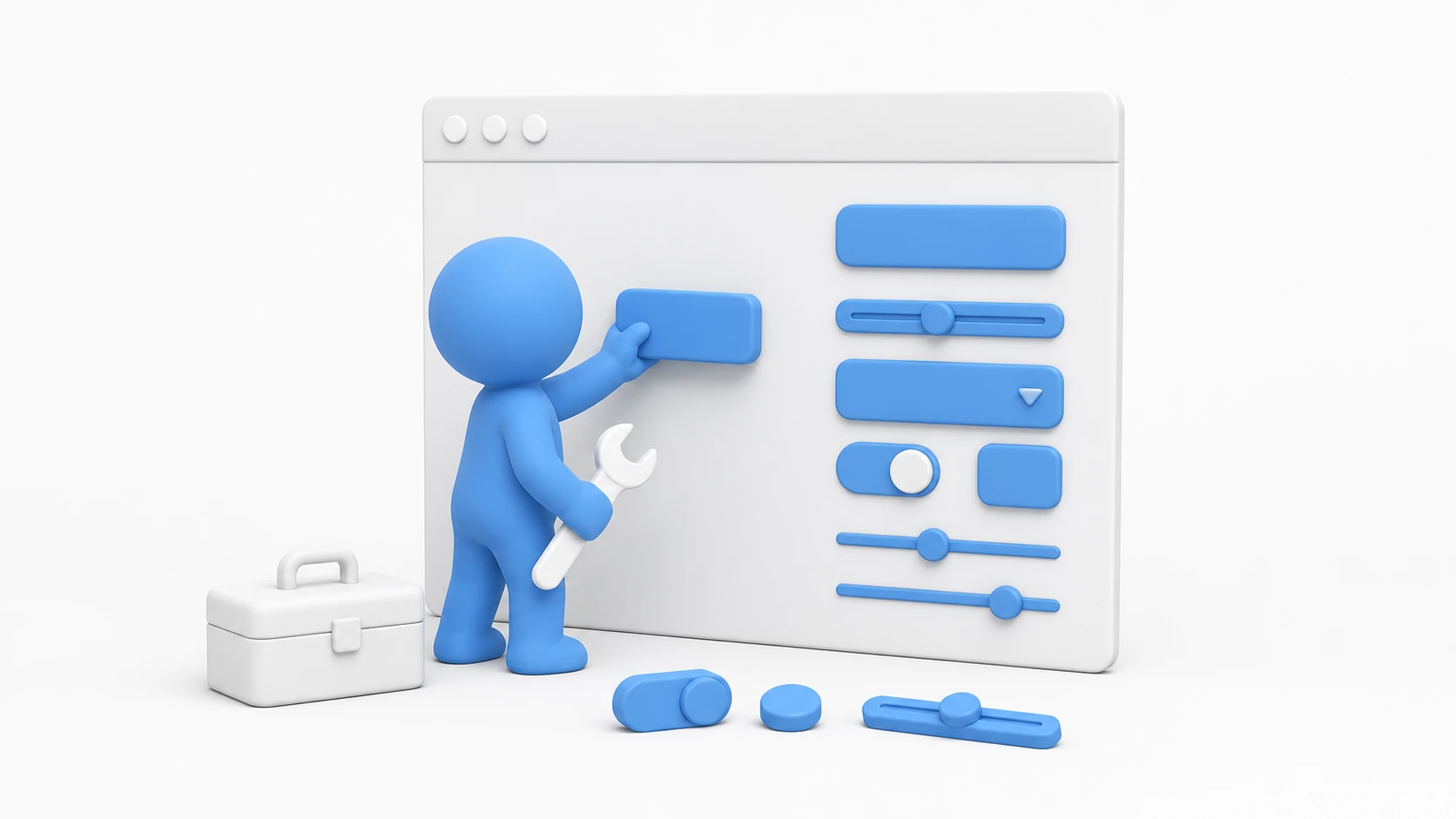 Editor extension concept art. On an editor-window panel, a character uses tools to attach their own custom buttons and slider parts