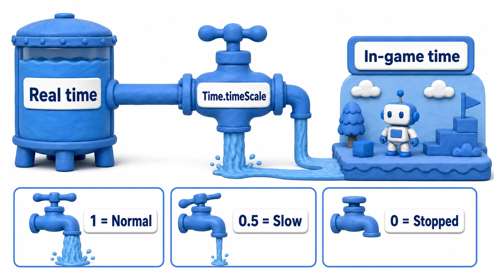 Diagram of how Time.timeScale works: real time flows through a faucet into in-game time — timeScale=1 is normal speed, 0.5 is slow motion, 0 stops it completely