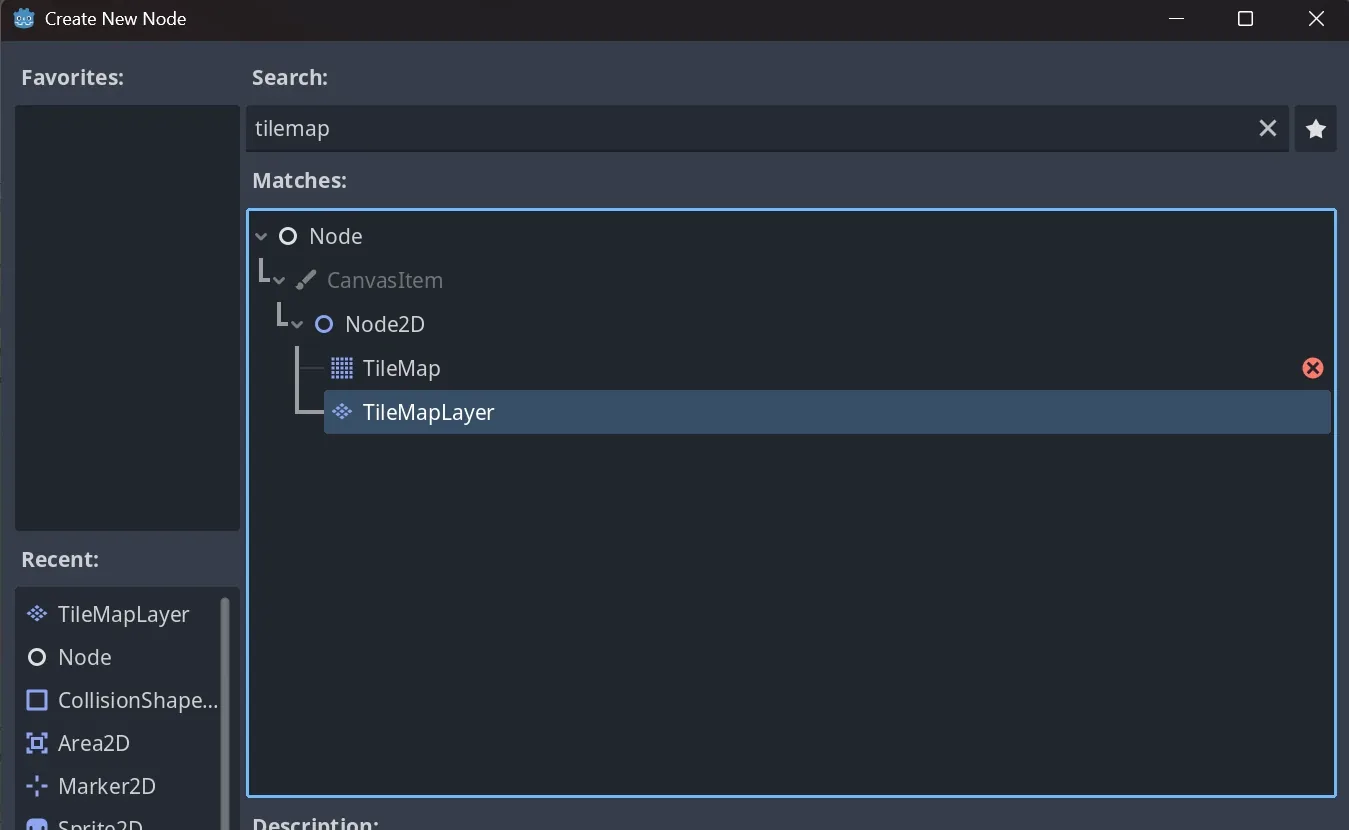 The node creation dialog: searching for tilemap shows TileMap (with a deprecation warning icon) and TileMapLayer, with TileMapLayer selected