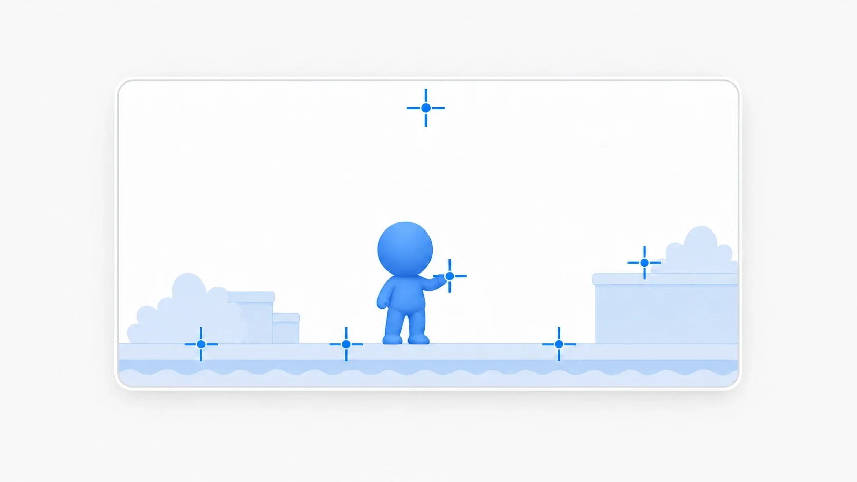 Illustration of Marker2D. Crosshair markers sit at meaningful positions in a 2D scene, such as spawn points and a gun muzzle