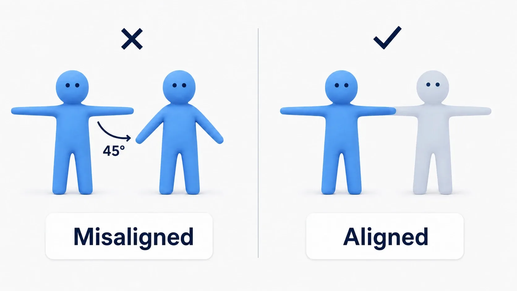 Diagram of a T-pose figure on the left and an A-pose figure on the right with an arc showing the arm angle difference, plus the matched state with arms lowered on the right