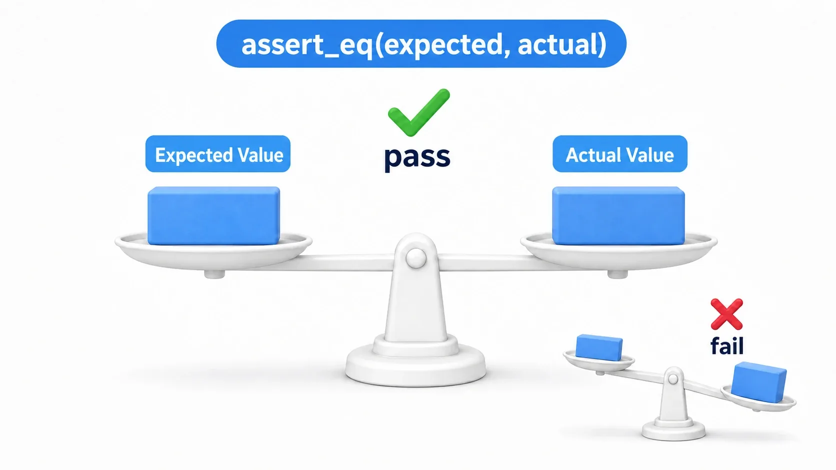 Diagram of assertions. assert_eq weighs the expected value against the actual value: balanced means pass, tipped means fail