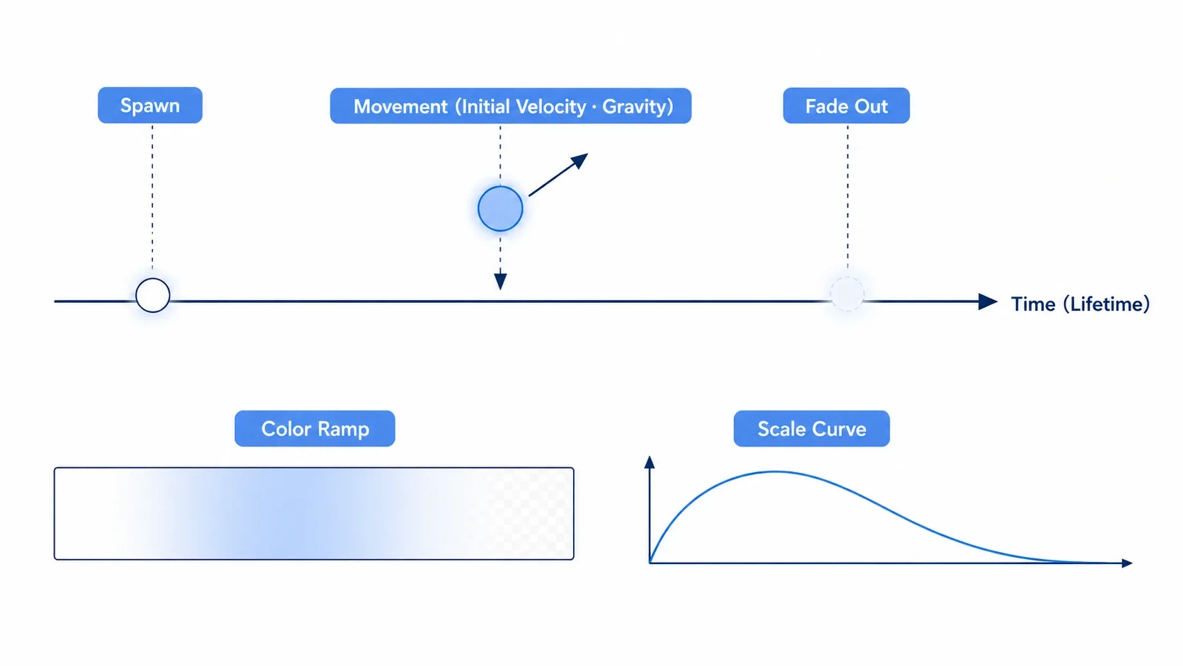 A single particle's life on a timeline: spawn, move (initial velocity and gravity), then disappear, with a Color Ramp gradient bar and a Scale Curve below