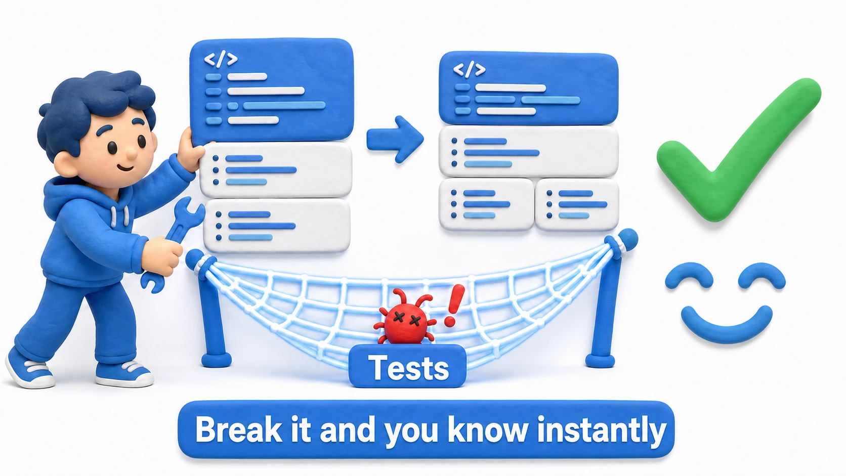 Illustration of tests as a watchdog. The moment code is changed, a testing shield detects the bug and reports "this broke here"