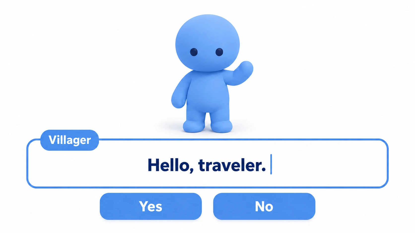 The idea of a dialogue system: a conversation window at the bottom of the screen shows the speaker name and line revealing character by character typewriter-style, with choice buttons lined up below