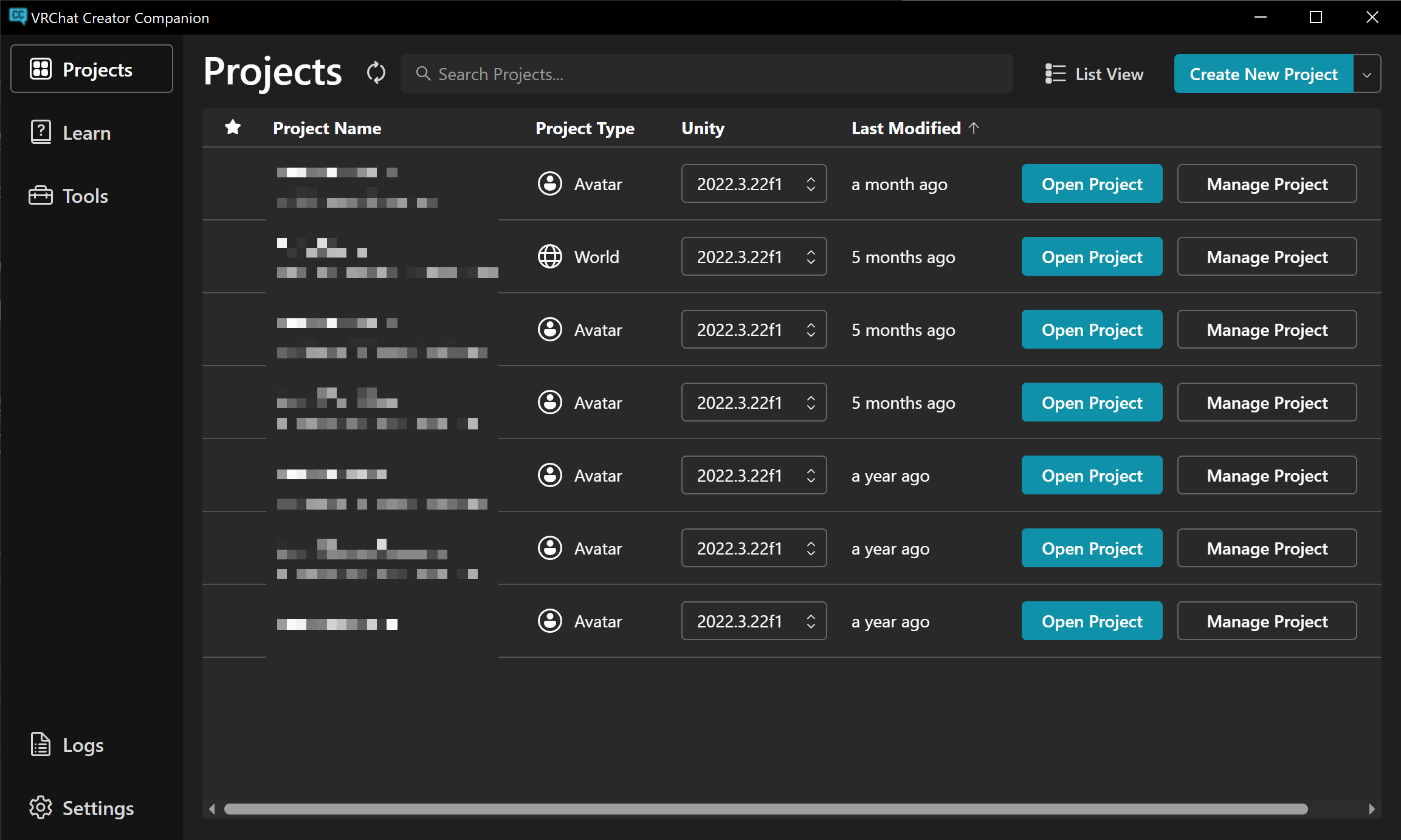 VRChat Creator Companion project screen