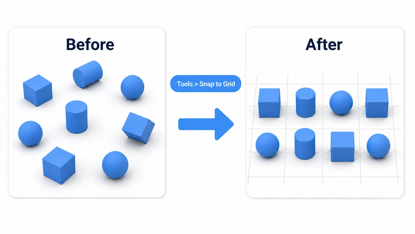 Before and after applying the bulk alignment tool. Objects that were scattered around get neatly aligned to a grid with a single Tools > Snap to Grid click