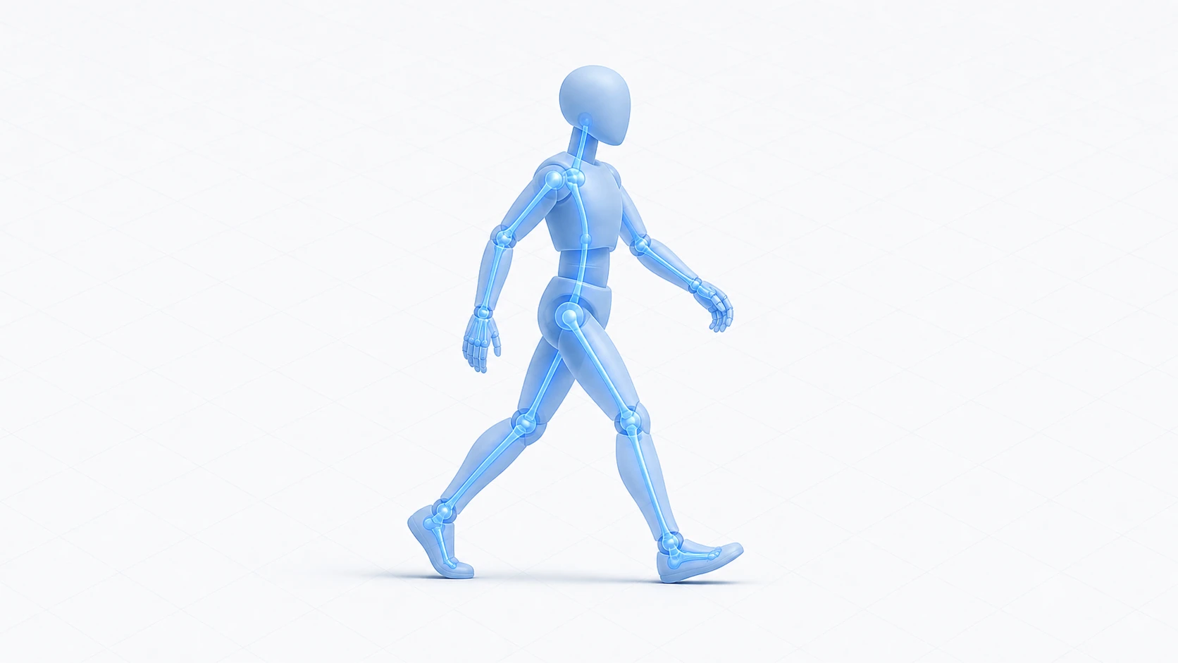 半透明の3D人型キャラの内部に発光するボーンが透けて見える、3Dスケルタルアニメーションのイメージ図