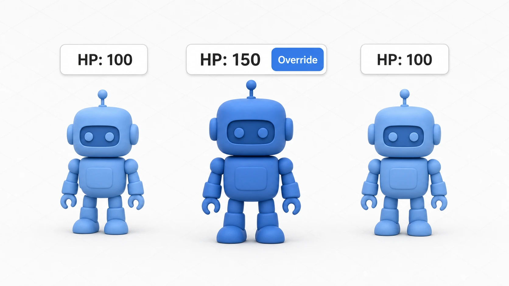 Override example: of three enemies created from the same Prefab, only the middle one has its HP overridden to 150, leaving the other two and the original Prefab unaffected