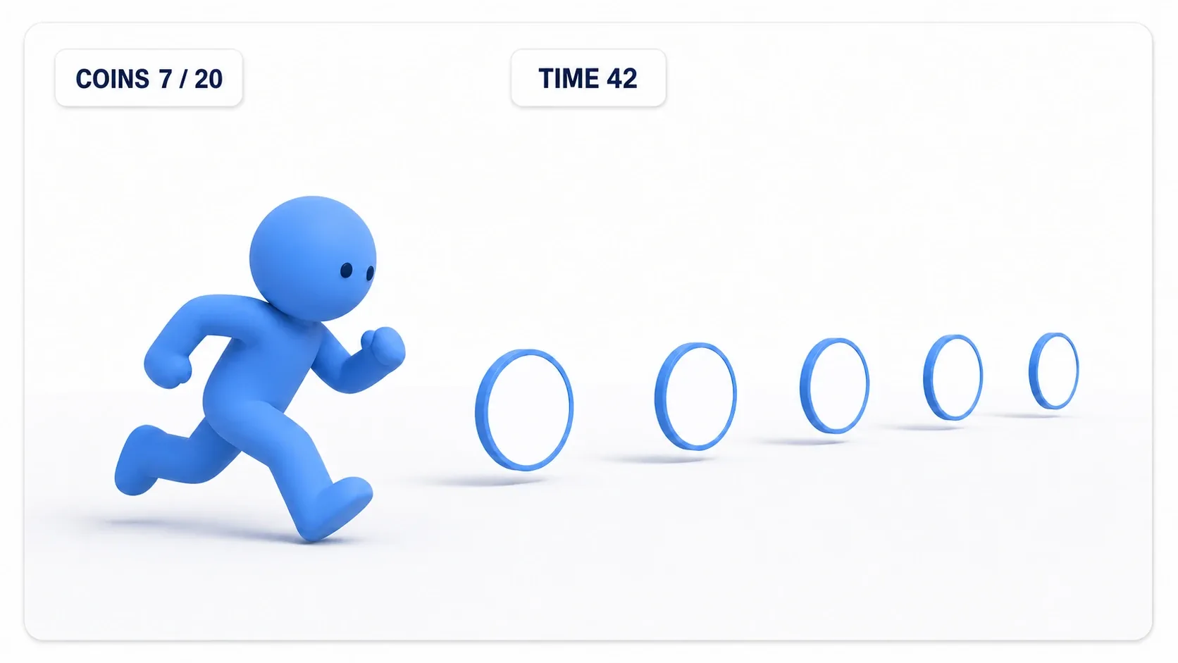 A completed image of a stage lined with coins, a HUD showing score and remaining time, and a soft blue clay figure running toward a coin