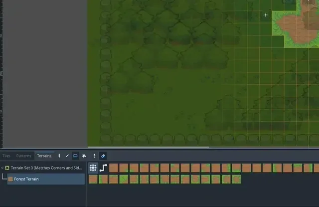 The Terrains tab of the TileMap panel: Forest Terrain from Terrain Set 0 is selected and terrain is being drawn on the map, with borders joining automatically