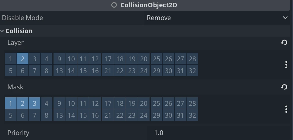 CollisionObject2DのLayerとMask設定画面