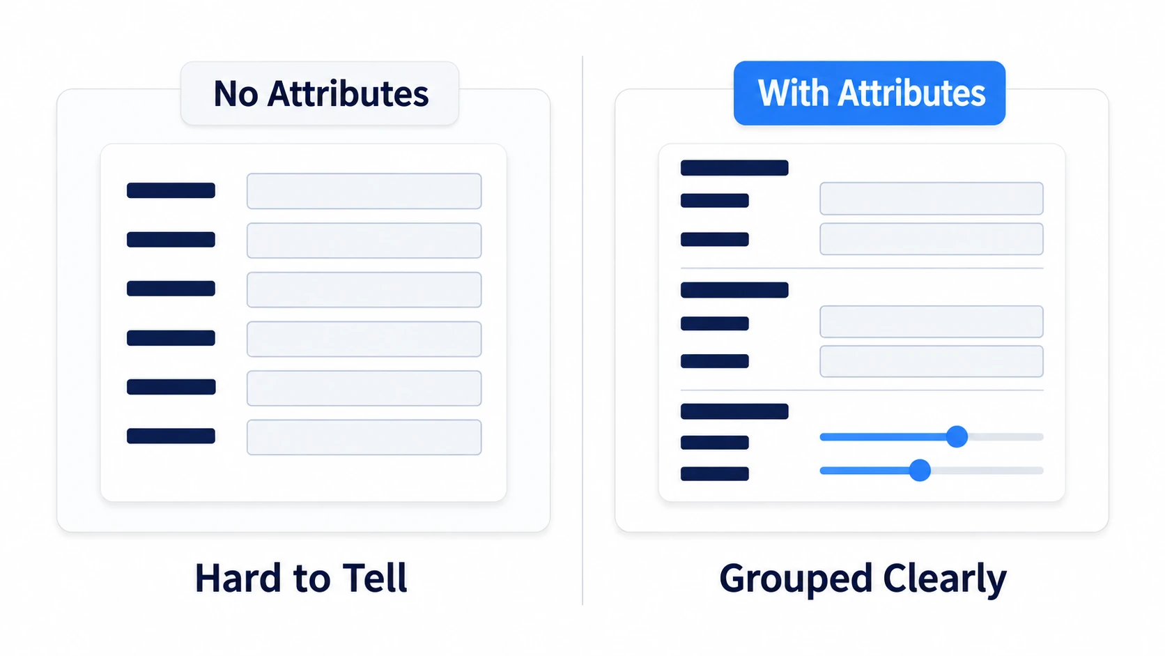 Settings fields without attributes, compared with fields that have headings and sliders