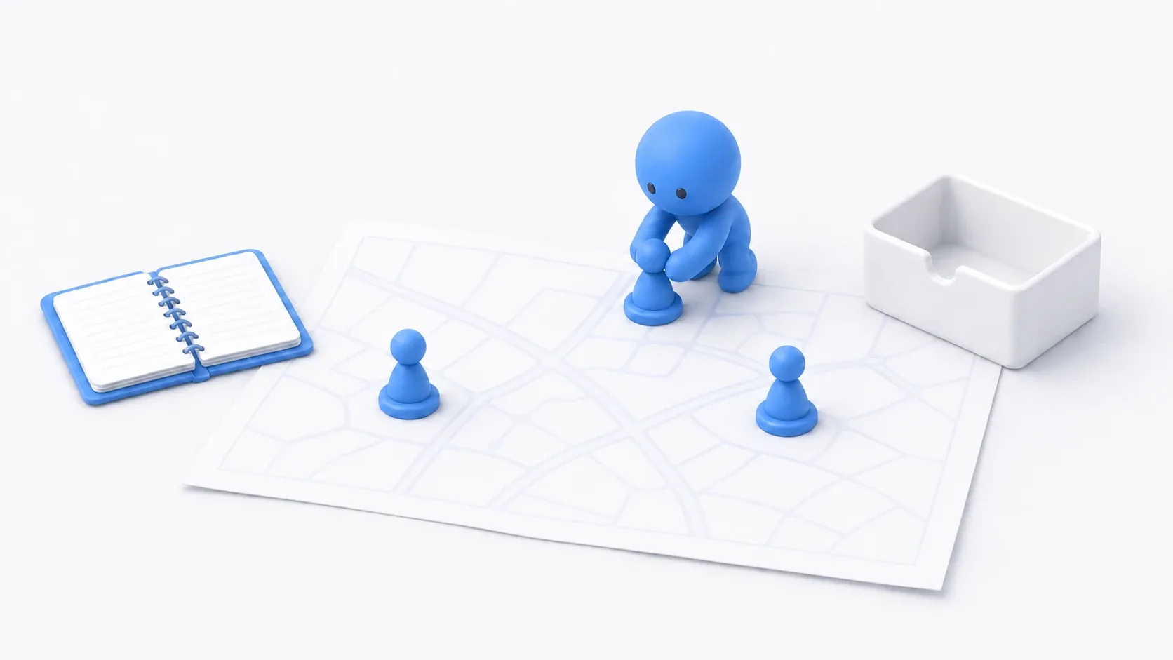 A figure arranging a script and part pieces on a level map, representing the two kinds of Blueprints