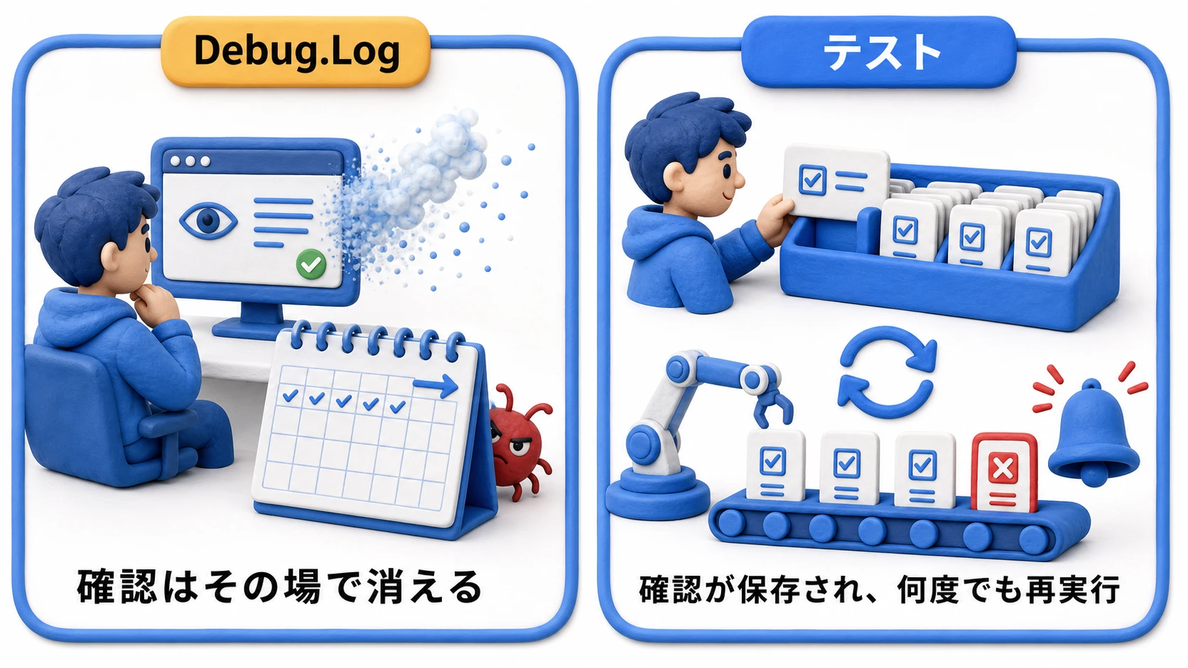 Debug.Log確認とテストの比較図。Debug.Logは1回目視で確認したら消えてしまい、後日の変更で壊れても誰も気づかない。テストは確認がコードとして保存され、変更のたびに自動で再実行されて壊れた瞬間に知らせる