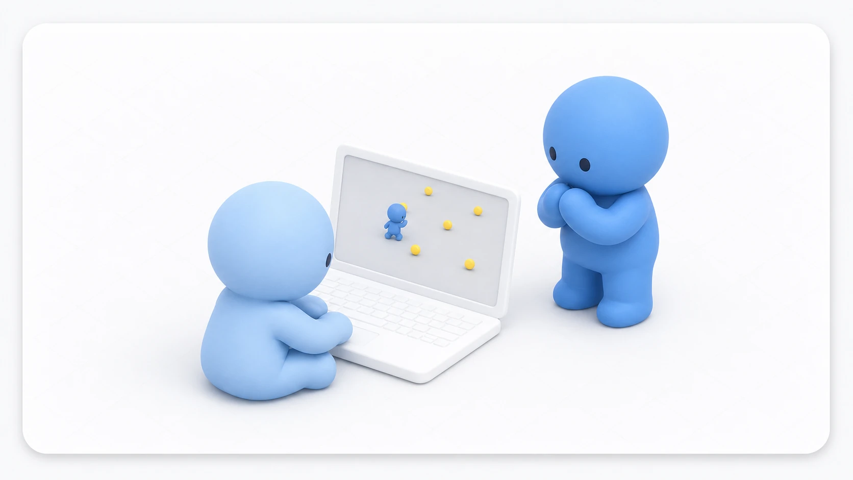 Handing over the build: one clay figure playing the finished coin game on a laptop while its creator watches beside them