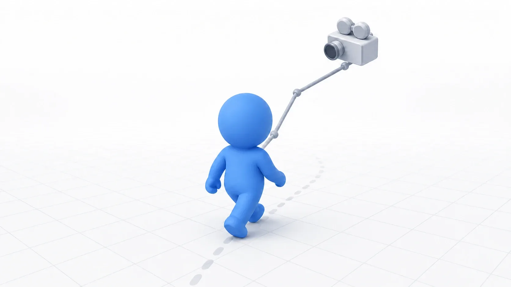 Illustration of 3D character movement. A character moves across the ground in a 3D space while a third-person camera follows behind